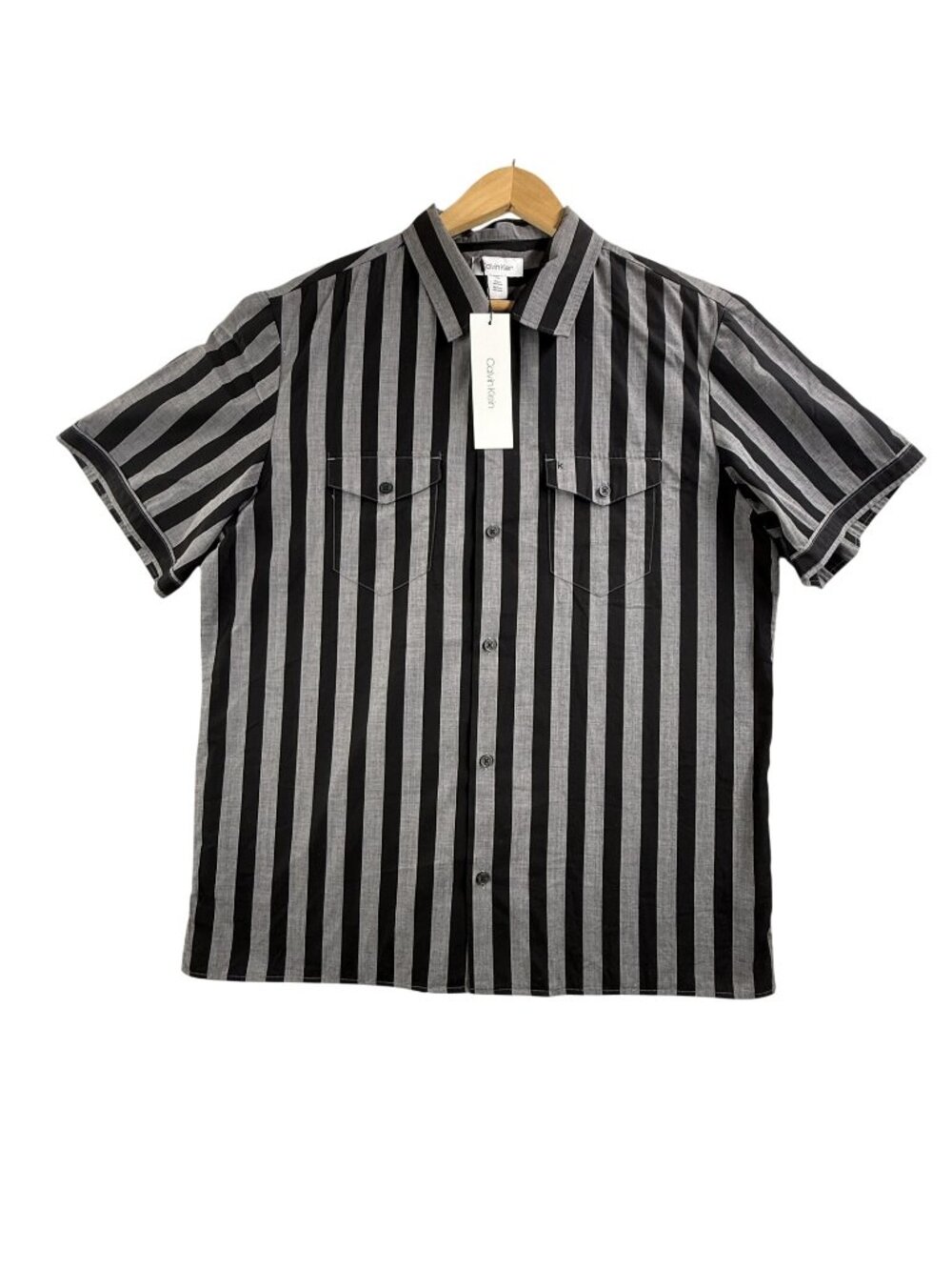 Calvin Klein Shirt Mens Large Black Stripe Button Up Short Sleeve Stretch Casual